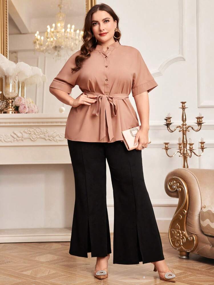 Plus Size Women's Solid Color Short Sleeve Shirt