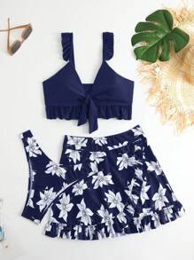 Swim Lushoire Summer Beach One-Shoulder Ruffled Solid Color Top And Random Printed Triangle Bikini Bottom Set, With Skirt Cover Up - Navy Blue - View 3