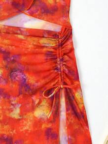 Swim Vcay Summer Women's Tie-Dye Halter Neck Hollow Out Detail Pleated Slit Fashion Cover-Up (Random Print) Valentine