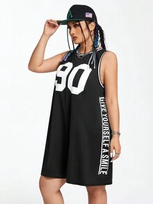 SHEIN Coolane 大尺碼女裝數字印花連衣裙 - 黑色 - 查看 4