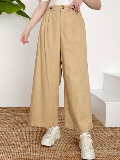 SHEIN Frenchy 加大號純色鈕扣裝飾長褲