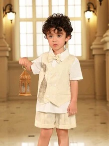 SHEIN Young Boy Gentleman 3-Piece Suit Set: Textured Waistcoat, Jacket + Shorts Trousers, Luxury & Elegant For Birthday Party, Gala, Wedding, Christening, Anniversary