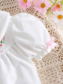 SHEIN 2pcs/Set Young Girls' Embroidered Collar & Puff Sleeve & Bowknot Decor A-Line Dress For Party, Summer