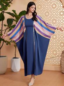 Al Najma 女款拼色條紋亮片飾邊編織腰帶蝙蝠袖連身裙