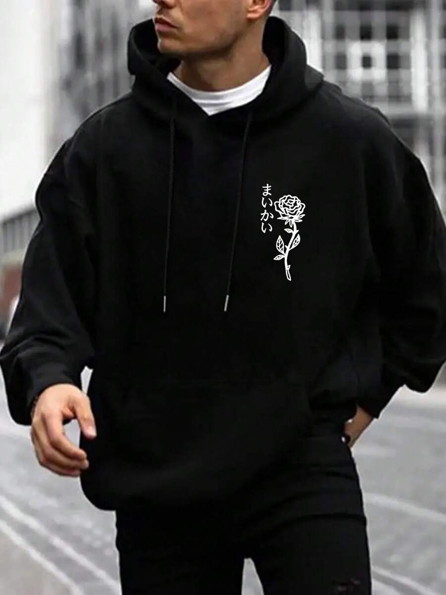 Nam Áo nỉ có mũ Với Mô hình hoa Tay áo dài - màu đen - Xem 1