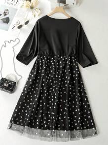 SHEIN Clasi Women's Plus Size Keyhole Collar Heart Printed Patchwork Dress - Black - View 2