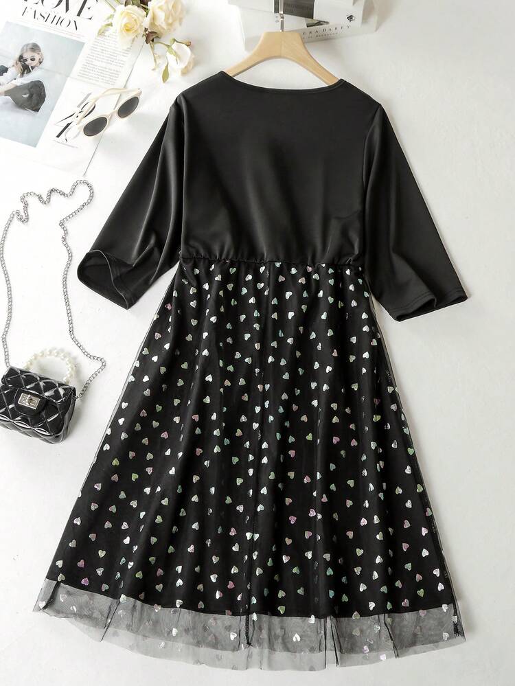 Women's Plus Size Keyhole Collar Heart Printed Patchwork Dress