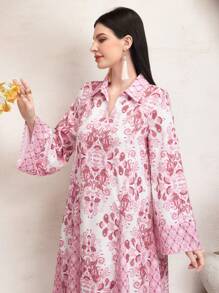 Al Najma Arabic Style Long Sleeve Dress With Paisley Print - Pink - View 5