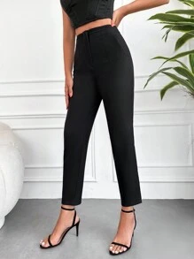RueChic Solid High Waist Suit Trousers - Black - View 3