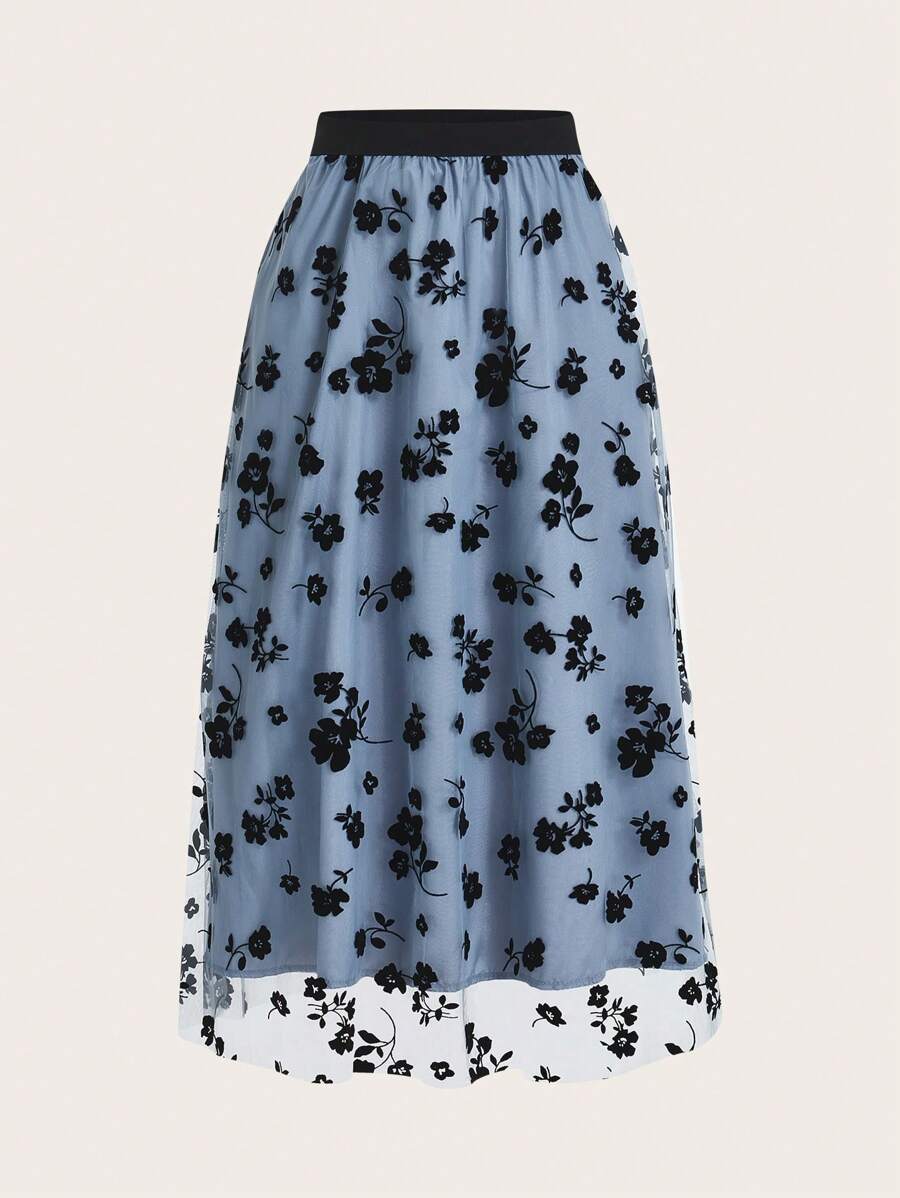 SHEIN LUNE Women's Floral Mesh Tulle Skirt - Blue - View 1