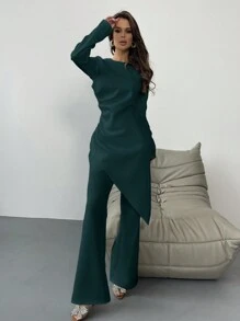 Aloruh Damen Set aus asymmetrischem Saum Top Einfarbig und weiten Hosen - Grün - Übersicht 5