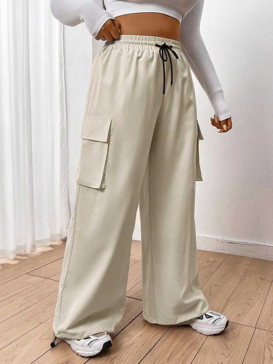 Flirla Kích thước lớn Của phụ nữ Eo dây rút Tiện ích Quần Cargo Với Túi - Màu Khaki - Xem 1