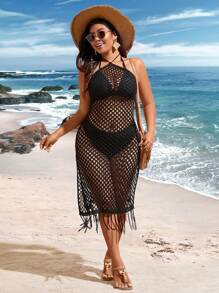 Breezaya Plus Size Knitted Hollow Out Fringed Hem Halter Sweater Dress