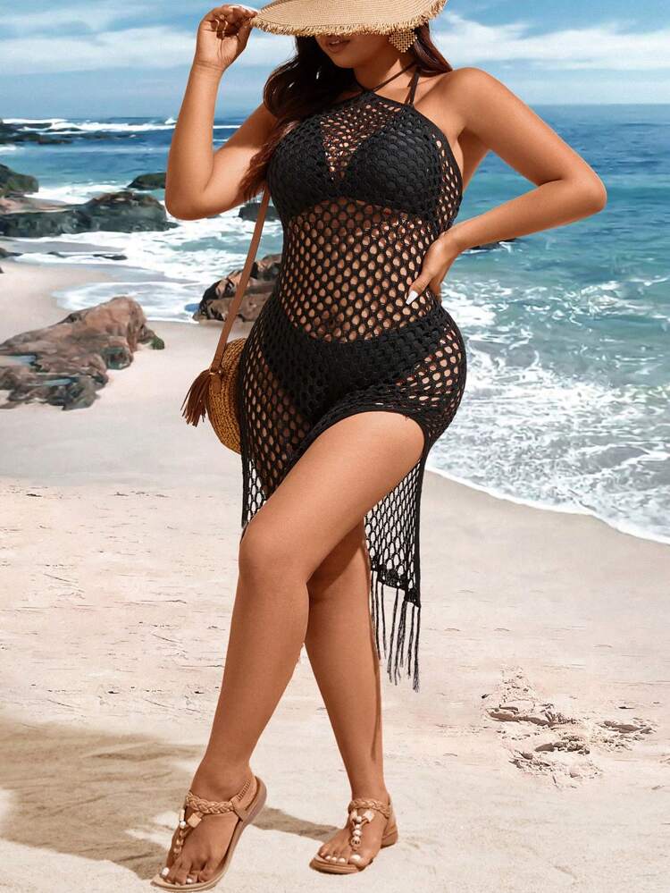 Plus Size Knitted Hollow Out Fringed Hem Halter Sweater Dress