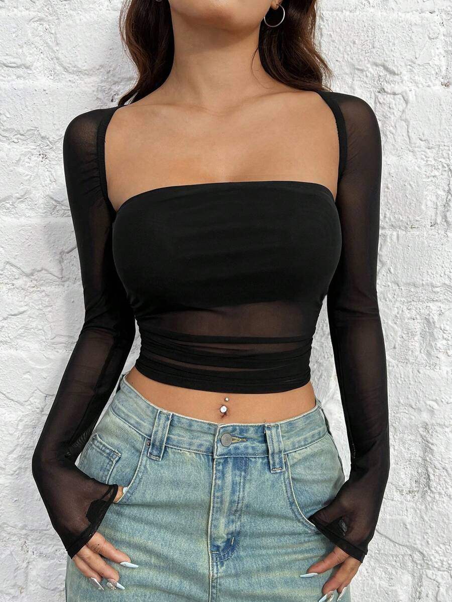 SHEIN EZwear 女修身黑網眼 T 卹 - 黑色 - 查看 1