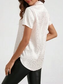 SHEIN Clasi Women's Leopard Print Polo Collar Short Sleeve Shirt - Apricot - View 3