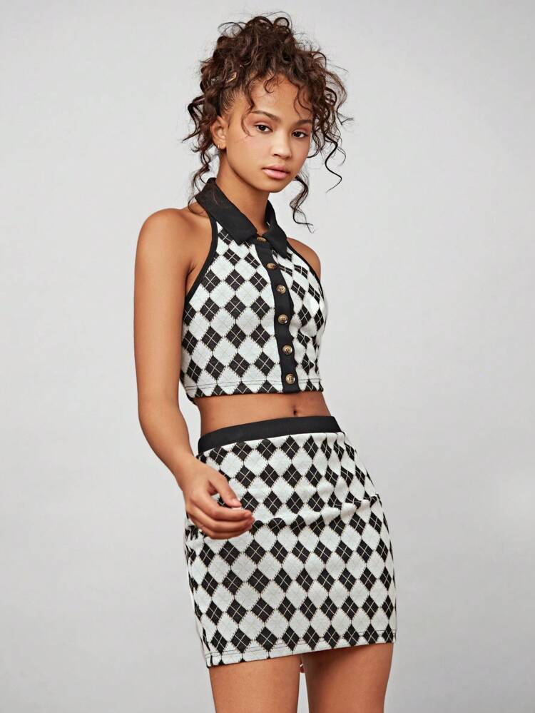 Vintage Sexy College Style Plaid Halter Crop Top & Skirt Set For Women's Summer