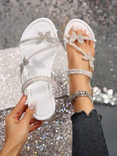 彩色水晶蝴蝶结两穿女式凉鞋，一脚蹬平底凉鞋，适合户外、派对、休闲、法式时尚风格，银色