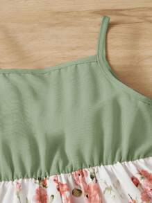 SHEIN Young Girl's Casual Holiday Flower Print Cami Dress - Green - View 4