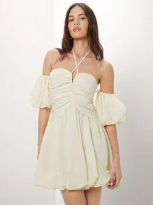 Enchnt Elegante Vestido De Halter Para Mujer Con Hombros Descubiertos, Con Volantes En Estilo Bodycon