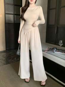 DAZY 1set Women's Asymmetrical Off Shoulder T-Shirt And Elastic Waist Wide Leg Pants Set,Women Two Pieces Sets