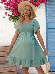 SHEIN Maternity Shirred-Chest Dress With Ruffled Hemline - Green - View 3