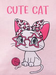 SHEIN 預/青少女用針織貓紋背心與針織寬鬆短褲,家居服2入組 - 粉色 - 查看 5