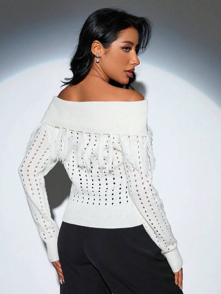 Ladies' Solid Color Off Shoulder Hollow-Out Fringe Decorated Knit Pullover Fall Winter Sweater