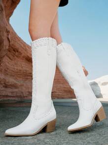 Styleloop Women's Mid-Calf Boots, Woven Texture, Boho, Western, Music Festival, Halloween, Christmas Party Styles - White - View 2