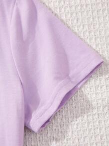 SHEIN Set de 2 bucăți drăguț, negru și interi, ocazional pentru fete minimaliste, cu mâneci scurte și set de pantaloni scurți, potrivit pentru vară, amestec de bumbac