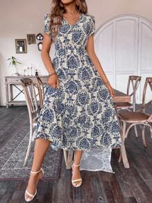 Breezaya Floral Printed V-Neck Casual Dress
