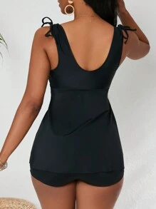 SHEIN Swim Women's Pintuck Racerback Tankini Swimsuit - Black - View 2