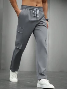 Manfinity Homme 男士直筒工装裤，外出时尚长款锥形抽绳裤，适合老公、男朋友的礼物 - 淺灰色 - 查看 6