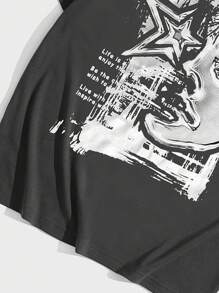 ROMWE MEN Grunge Punk Camiseta De Manga Corta Con Estampado De Estrellas Y Eslogan Para Hombre - Gris - Ver 3