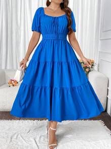 Flirla Vestido De Talla Grande Con Cuello Elegante Y Dobladillo Multicapa - Azul - Ver 1