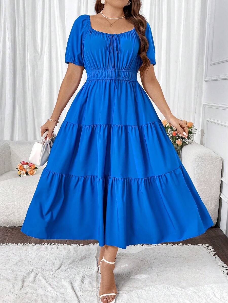 Flirla Vestido De Talla Grande Con Cuello Elegante Y Dobladillo Multicapa - Azul - Ver 1