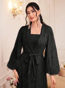 Modelyn Rochie de damă simplă cu bretele spaghetti și jachetă cu mânecă lanternă cu blană, 2 buc/set - Negru - Vizualizare 3