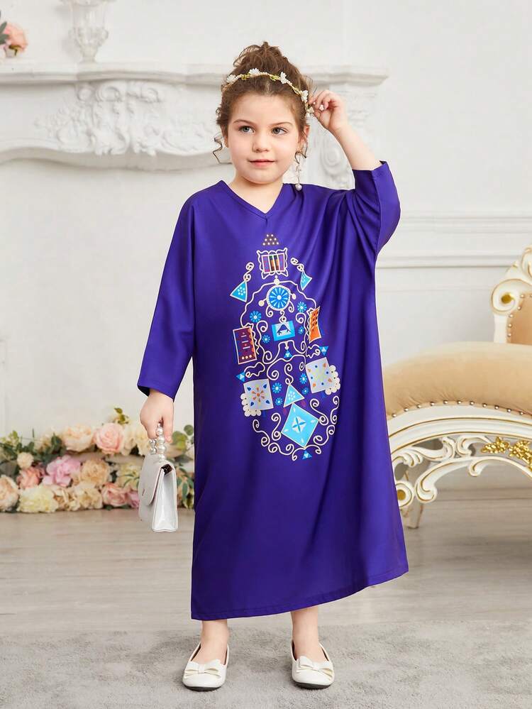 Young Girl's Loose Fit V-Neck Batwing Sleeve Printed Dress For Summer