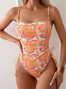 SHEIN Swim Summer Beach Paisley Print Drawstring Side One Piece Swimsuit Bathing Suit Carnival - Multicolor - View 5