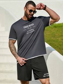 Manfinity Homme Men's Plus Size 2pcs/Set Short Sleeve T-Shirt And Shorts With Two Slogans And Face Design