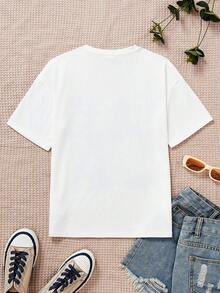 SHEIN Tween女孩寬鬆版肖像印花休閒圓領短袖t恤 - 藏蓝色 - 查看 2