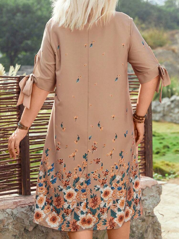 Plus Size Floral Printed Knot Sleeve Hemline Dress