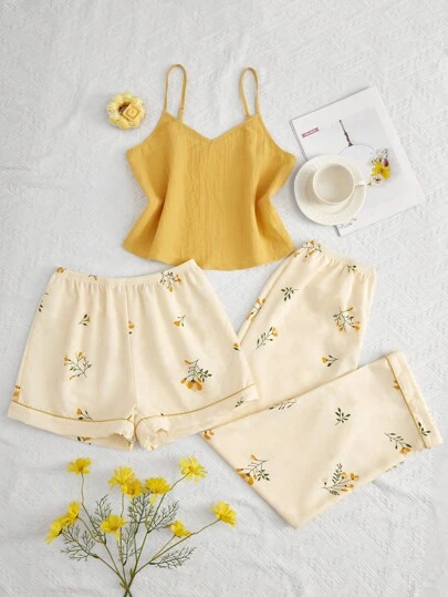 CottageSlumber 3pcs/Set Women's Vibrant Color & Botanical Print Pajama Set