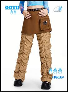 SHEINNeu 90s Ruched Flap Pocket Cargo Skort&Pants - Brown - View 1