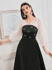 Modelyn Vestido De Malla De Manga De Lámpara Con Imitación De Perlas Decoradas Para Mujer - Blanco y Negro - Ver 7