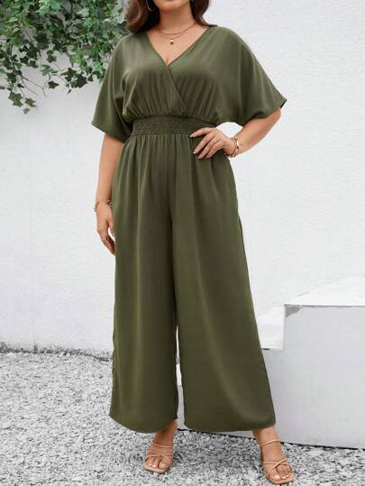 SHEIN Clasi Plus Size Women's Shirred Waist Shirred Jumpsuit