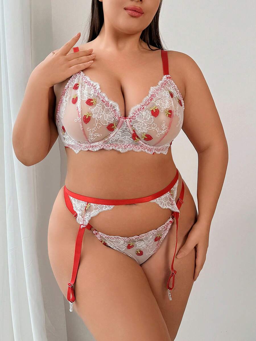 3pcs Plus Size Sexy Lingerie Set With Embroidery And Underwire (Wedding Season) - Multicolor - View 1