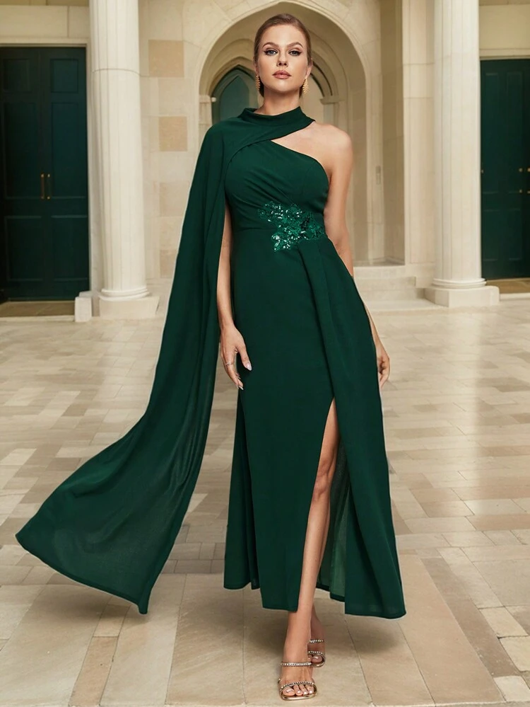 Floral Applique Asymmetrical Shoulder Belted Maxi Evening Dress For Banquet Cocktail Party