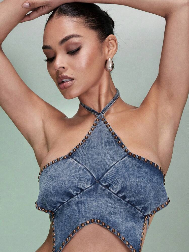 Starlet Studded Denim Crop Top - Blue-Washed&Festival&Music Festival&Country Concert