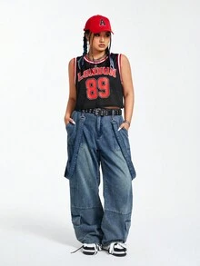 SHEIN Coolane 大尺寸條紋圖案背心,附有字母和數字裝飾 - 黑色 - 查看 5
